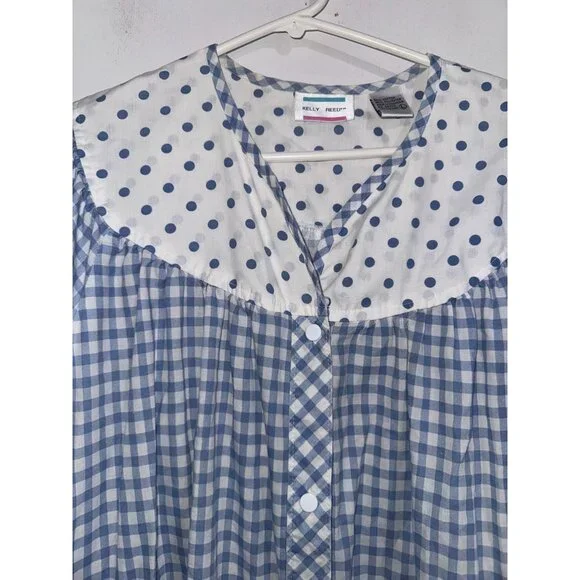Vintage Kelly Reed Blue Gingham & Polka Dot House Dress With Pockets Size Large - Picture 3 of 8